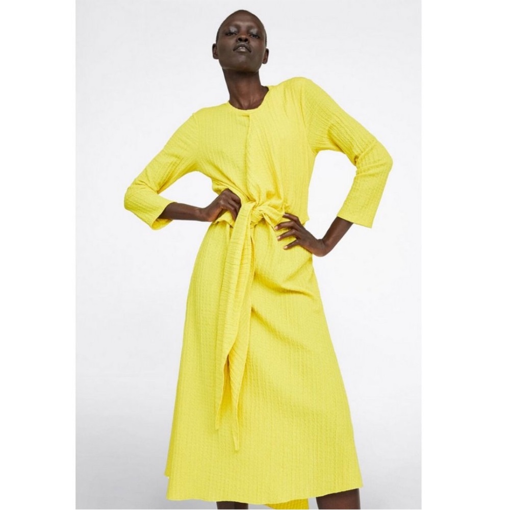 ZARA Yellow Textured Tie Front Midi Dress Long Sleeve Asymmetrical Hem Small